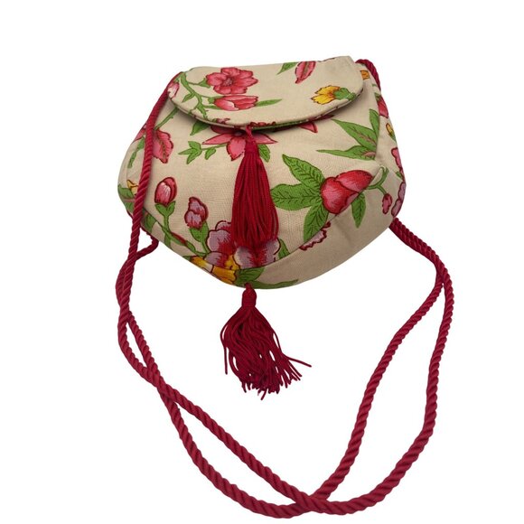 Kathy Robinson Floral Print Purse  Vibrant Tassel & Rope Strap  Eye-Catching Sty - Picture 6 of 6